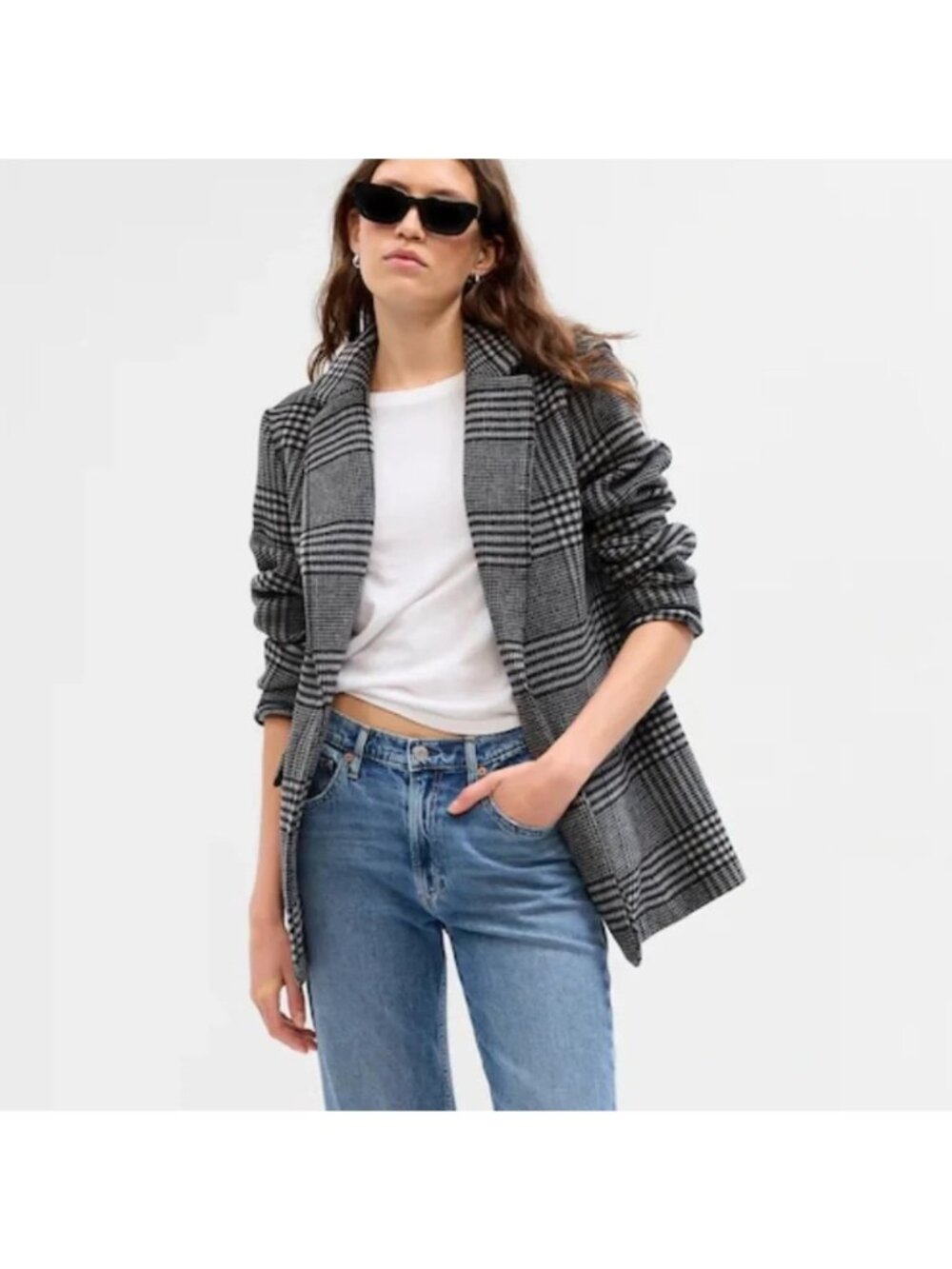 Gap Black Grey Plaid Notched Collar Wool Blazer Size S
